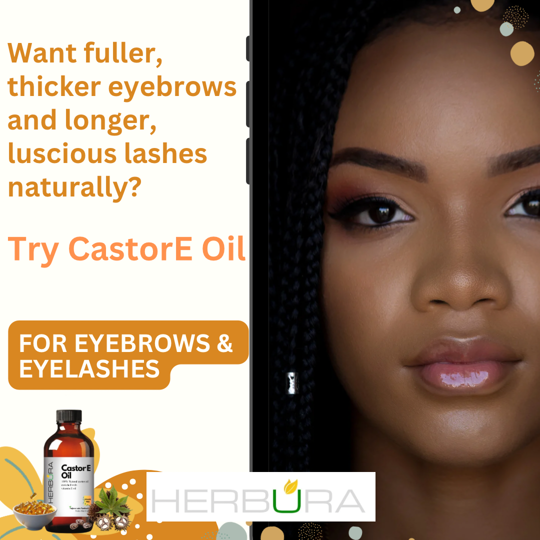 Herbura Essentials CastorE Oil, Castor Oil enriched with Vitamin E Oil, 60 ml, brushes and dropper included.