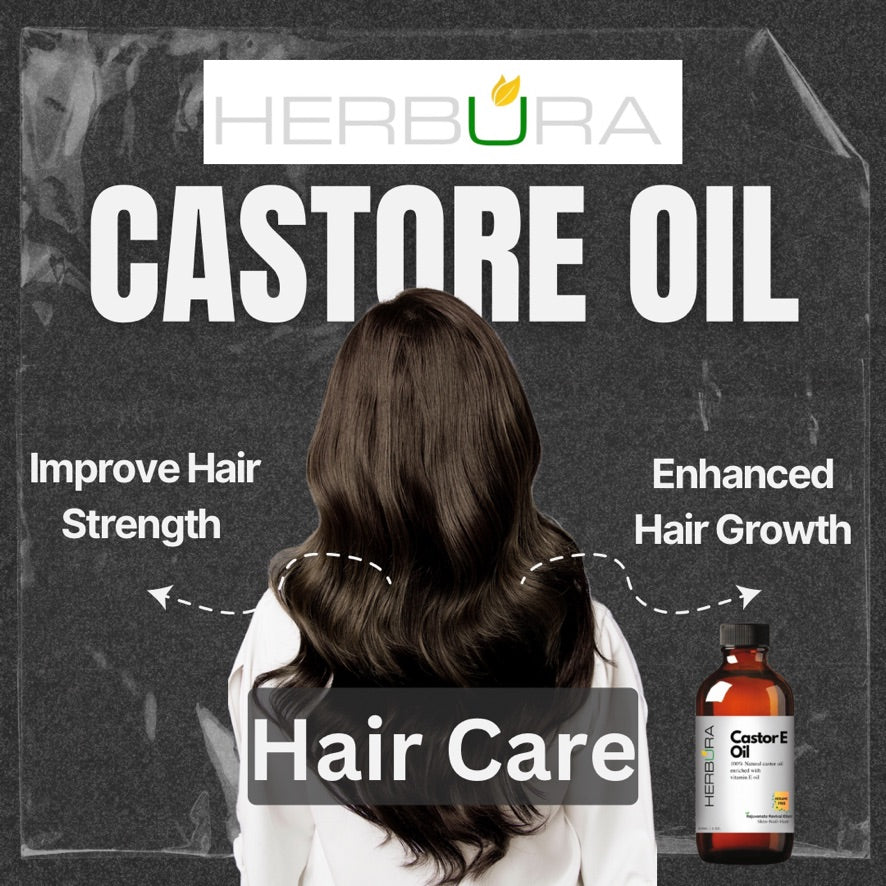 Herbura Essentials CastorE Oil, Castor Oil enriched with Vitamin E Oil, 60 ml, brushes and dropper included.