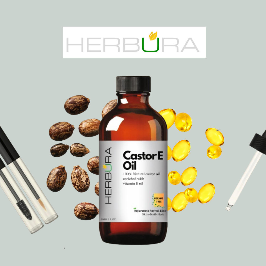 Herbura Essentials CastorE Oil, Castor Oil enriched with Vitamin E Oil, 60 ml, brushes and dropper included.