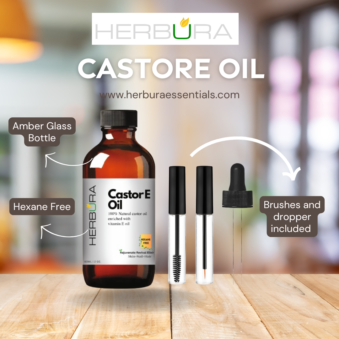 Herbura Essentials CastorE Oil, Castor Oil enriched with Vitamin E Oil, 60 ml, brushes and dropper included.