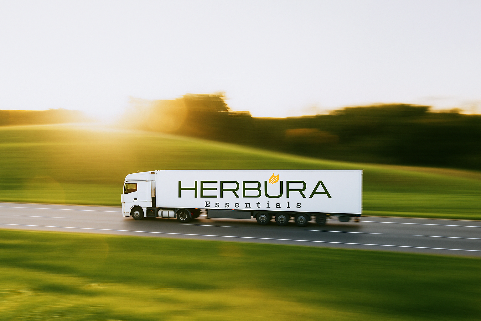 Truck with HERBURA Essentials logo driving on a road with greenery in the background